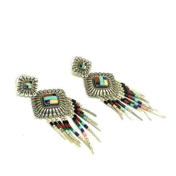 Dangle Earrings Native American Sterling Silver Gemstone Women's Estate Jewelry - Picture 9 of 12